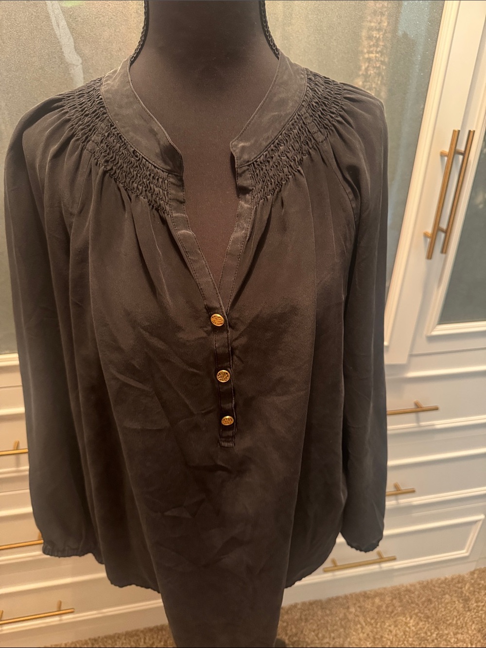 Lilly Pulitzer Black Smocked Yoke Button-Front Blouse
